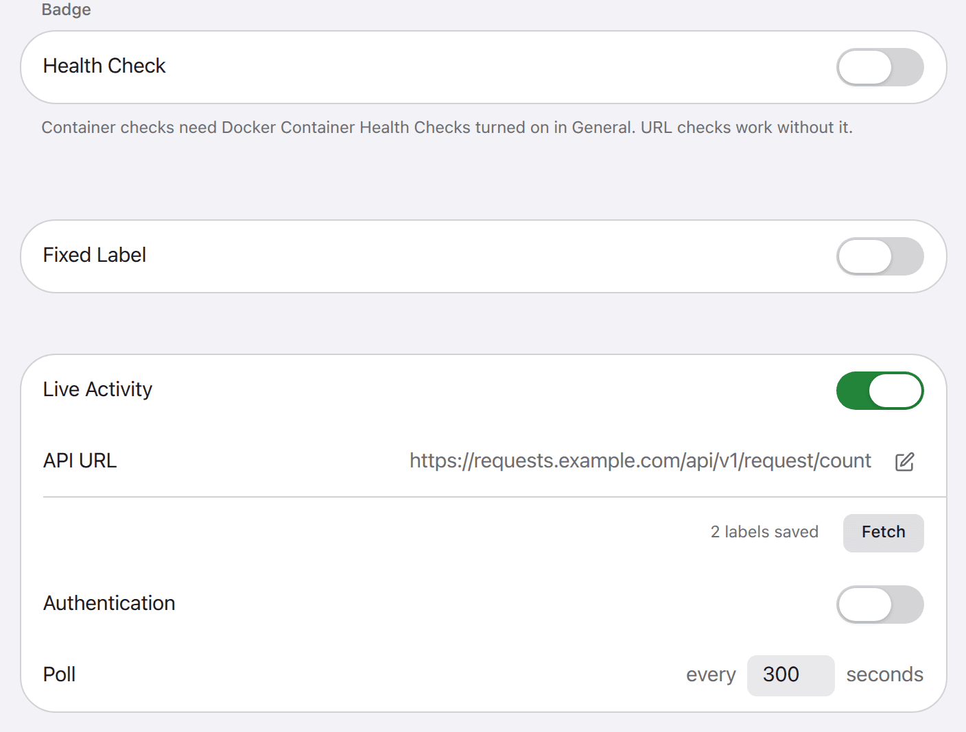 The Badge section of an app's edit form: Health Check, Fixed Label and Live Activity