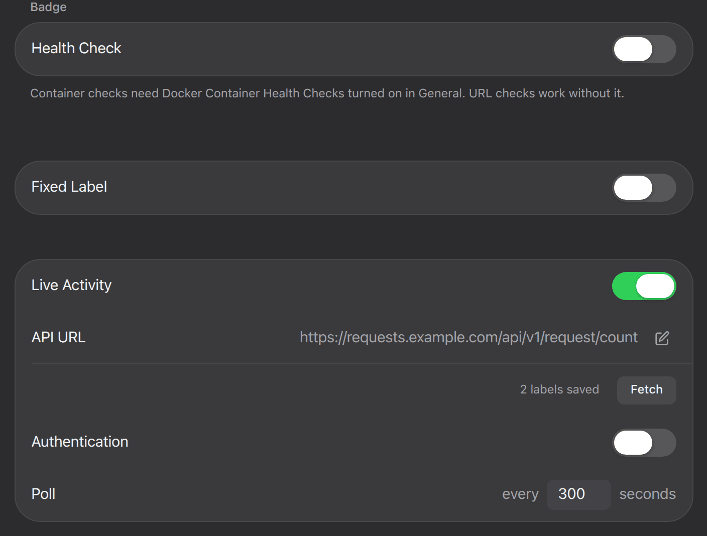 The Badge section of an app's edit form: Health Check, Fixed Label and Live Activity