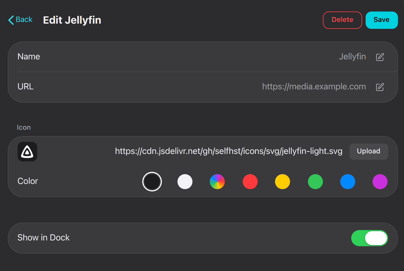 The app edit form, showing Name, URL, Icon and Color