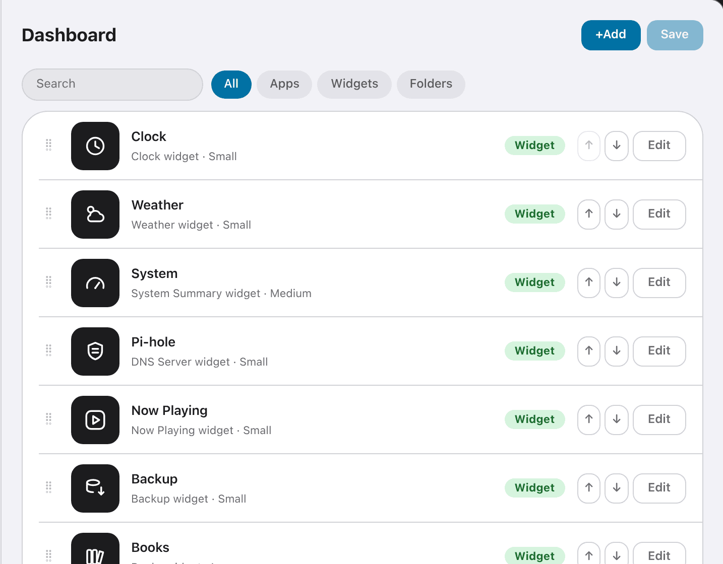 The Dashboard list, with drag handles, move arrows and an Edit button on each row