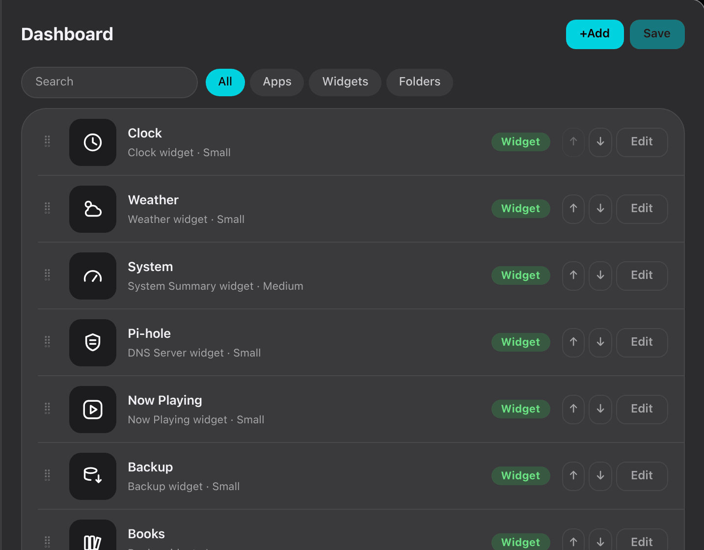 The Dashboard list, with drag handles, move arrows and an Edit button on each row